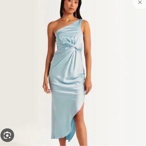 NWT Abercrombie One-Shoulder Satin Knotted Midi Dress Size L Tall Blue